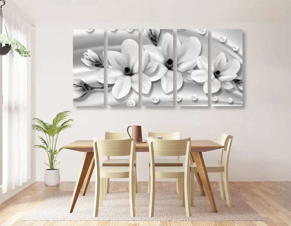 Quadri 5 pezzi – Magnolia di lusso con perle in bianco e nero