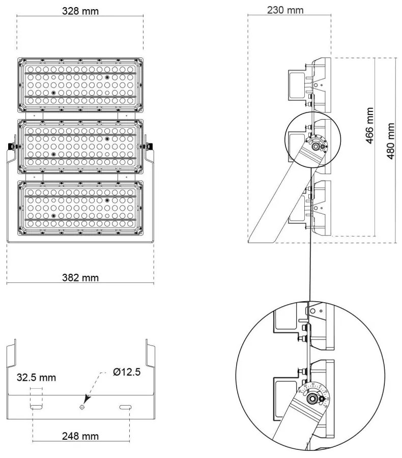 Faro Modulare LED 600W IP66, 167lm/W, Dimmerabile DALI - INVENTRONICS Colore Bianco Naturale 4.000K, Scegli l'angolo di illuminazione 30°, Scegli le staffe dei moduli Fisse