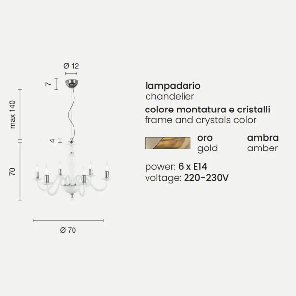 Lampada a sospensione PAGANINI a 6 LUCI in vetro lavorato a mano D70 cm AMBRA