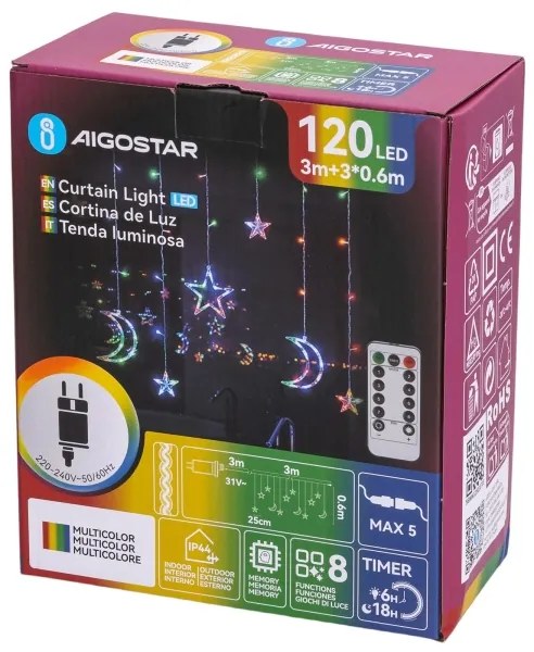 Aigostar - Catena luminosa natalizia LED RGBY per esterni 120 LED/6 W/230 V/8 funzioni/3x0,6 m IP44 + telecomando