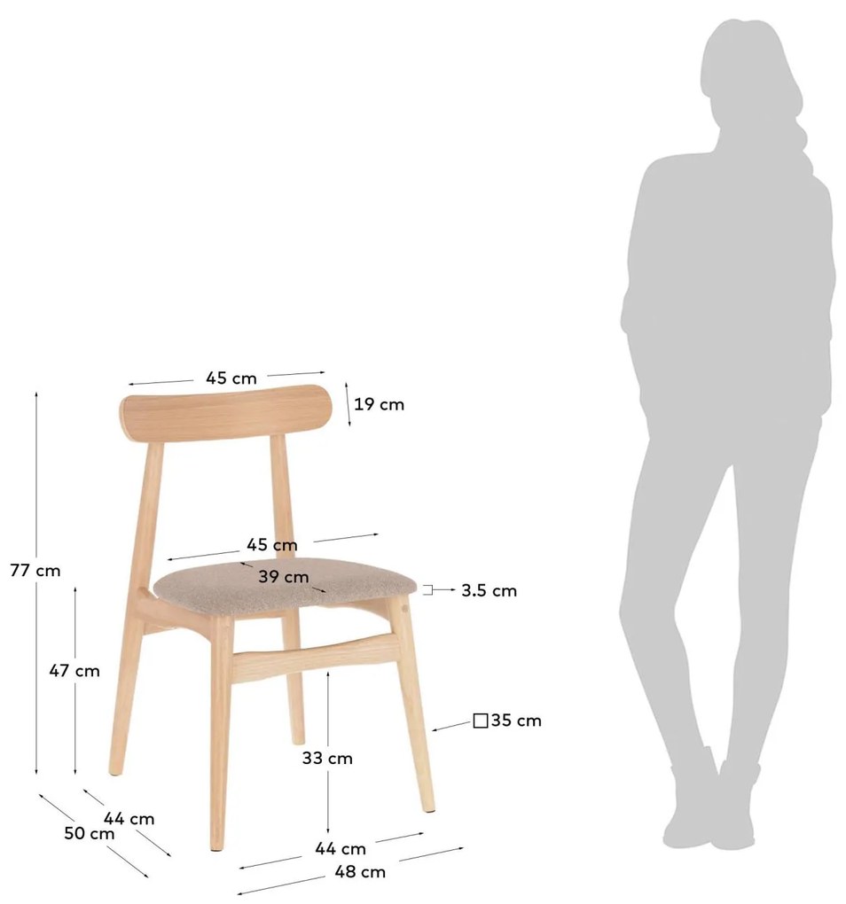 Kave Home - Sedia Nayme beige con impiallacciatura in frassino e gambe in legno massello di caucciù