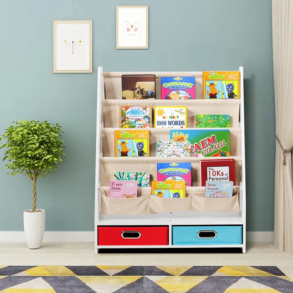Costway Libreria con 4 mensole frontali e 2 scatole, Libreria design 2 in 1 per bambini Bianco