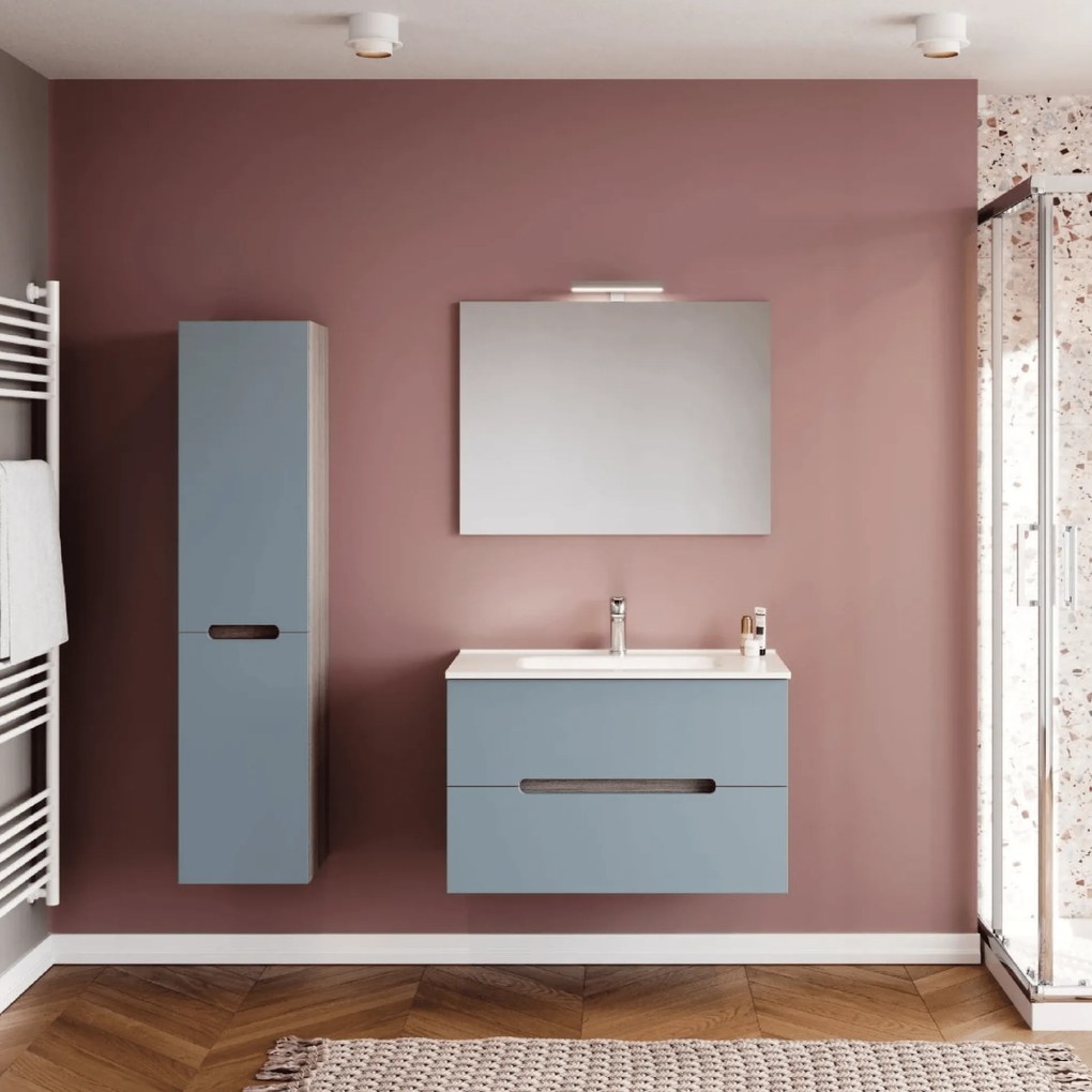 Mobile Bagno Sospeso 80 Cm Due Cassetti Specchio Con Lampada Led 80x60 Cm Savini Due "Iris"
