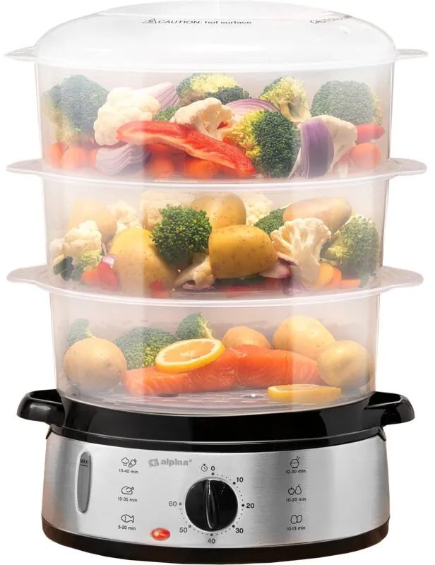 Vaporeira Elettrica - Pentola a Vapore 800W - Steamer Vapore 3 Strati - Vaporiere Elettriche Senza bpa - Lavabile in Lavastoviglie - Da 0 a 60 Minuti