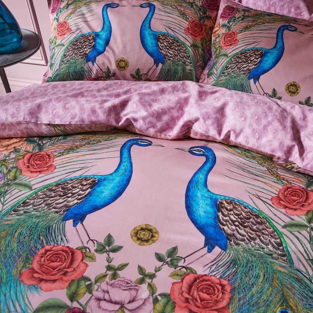 Set copripiumino e federa rosa in raso di cotone per letto matrimoniale e per letto esteso 230x220 cm Xanadu Peacock – Matthew Williamson