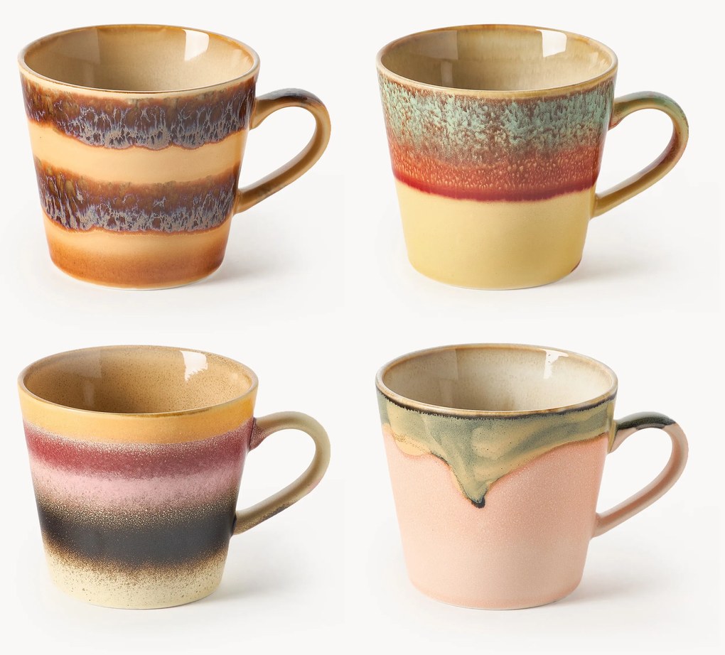 Set di 4 tazze fatte a mano con smalto reattivo 70's
