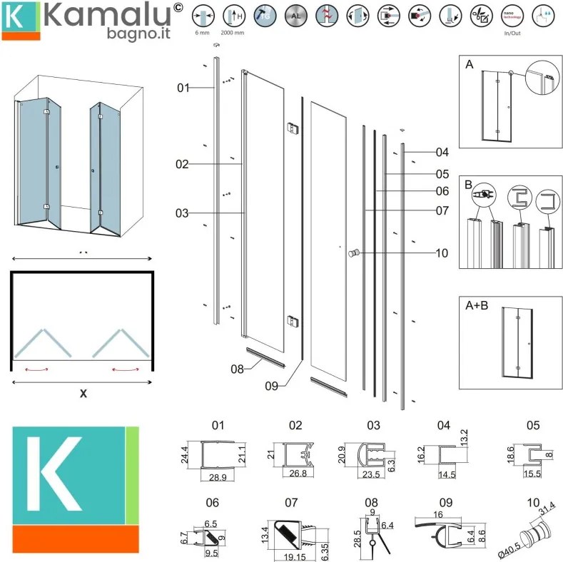 Kamalu - Porta doccia a doppio soffietto 160-163 cm colore nero | KAM-KS700DN