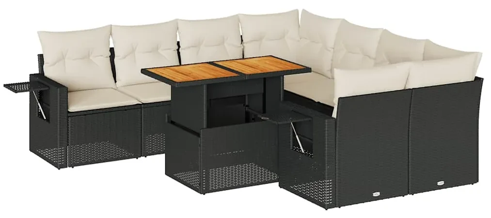 Set divani da giardino 9 pz con cuscini nero in polyrattan