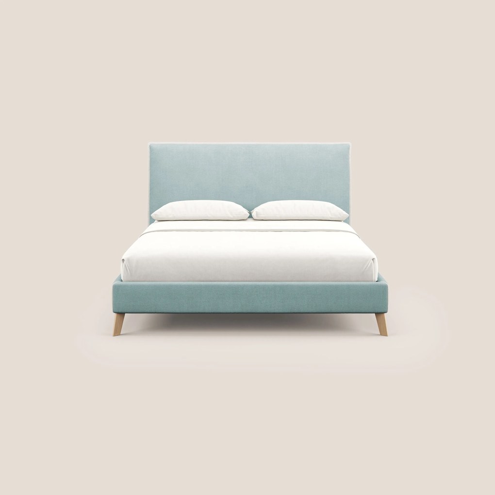 Leila letto imbottito con piedini legno in tessuto smacchiabile T17 verde acqua - bianco