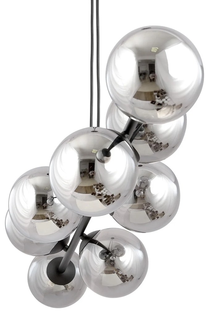 Lampadario Contemporaneo 8 Luci Durga In Acciaio Nero E Sfere In Vetro Fumè