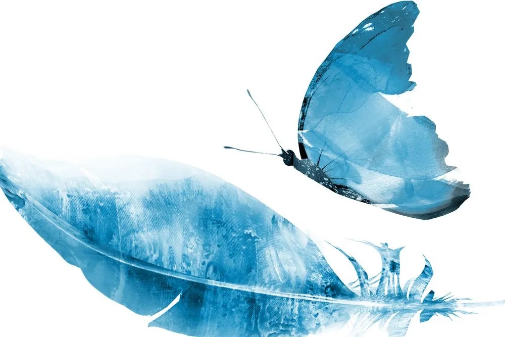 Stampa su tela – Piuma con farfalla in blu