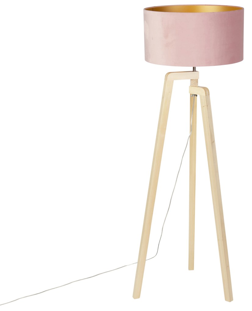 Lampada da terra tripode legno paralume velluto rosa 50 cm - PUROS