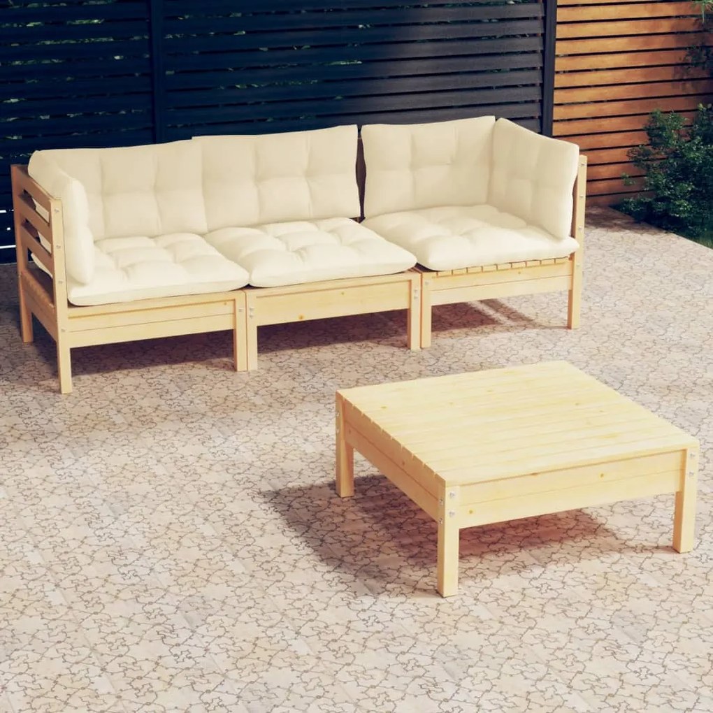 Set divani da giardino 4 pz con cuscini crema massello di pino