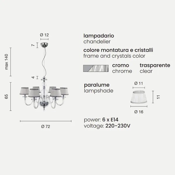 Lampada a sospensione BACH con paralume in vetro trasparente 6 LUCI CROMO