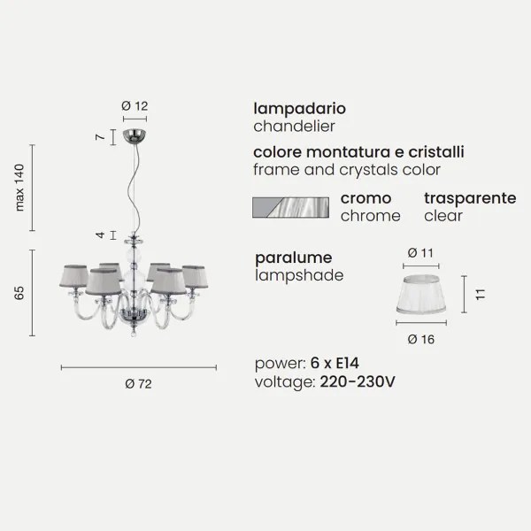 Lampada a sospensione D72 cm BACH con paralume in vetro trasparente 6 LUCI CROMO