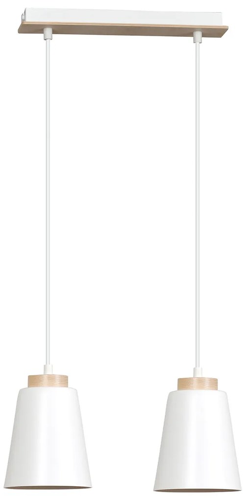 Lampadario 2 Luci Lancillotto Con Paralumi A Cono In Acciaio Bianco E Legno Naturale