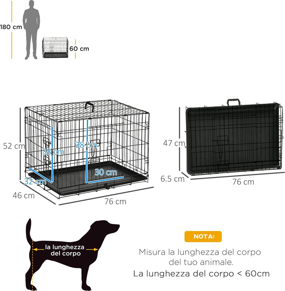 Gabbia Trasportino per Cani Gatti Pieghevole in Acciaio Doppia Apertura 76x53x57 cm Nero...