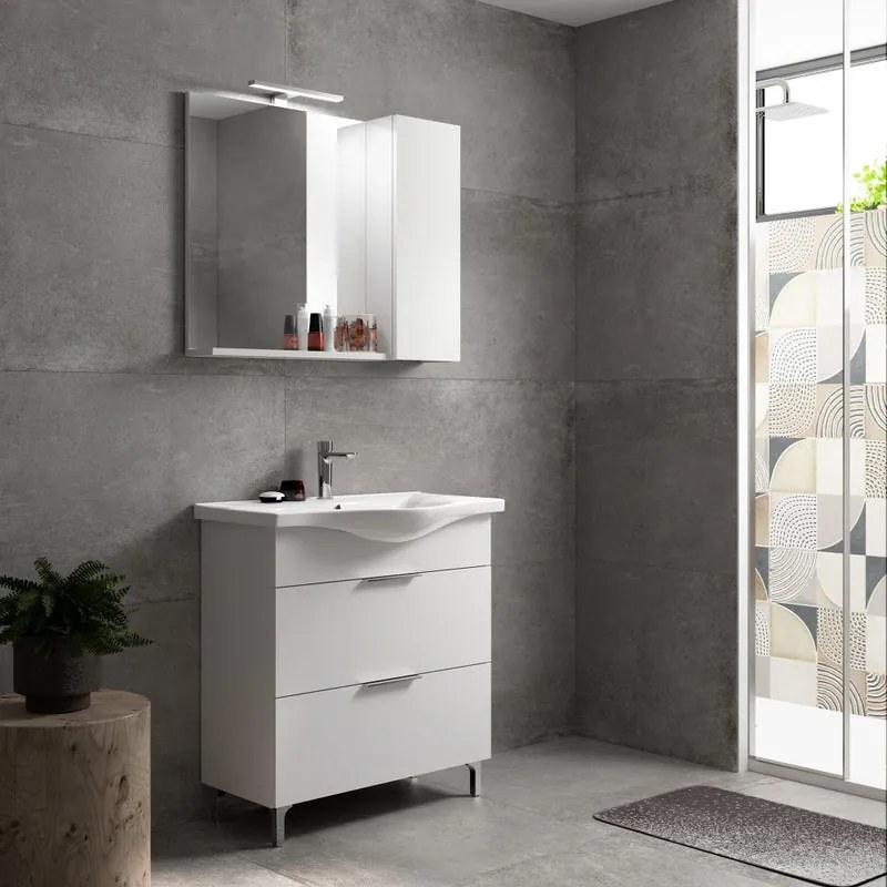 Mobile bagno con lavabo e specchio L 80 x H 75 x P 46 cm bianco opaco 2 cassetti per vasca centrale Jnka