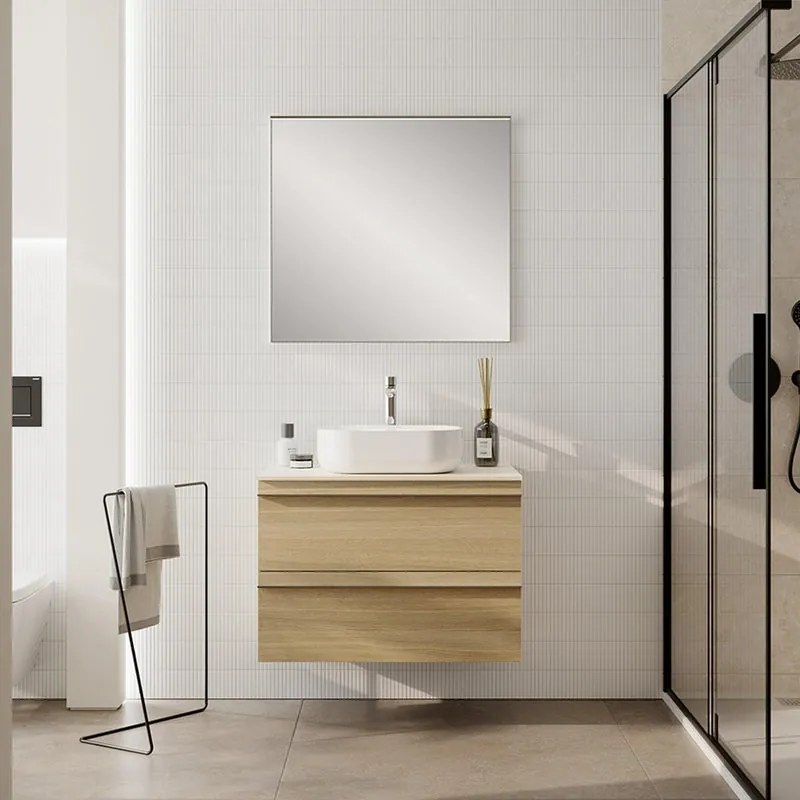 Mobile Linea L80 H55 P45 in laminato rovere natura 2 cassetti a chiusura ammortizzata e top gres bianco creta