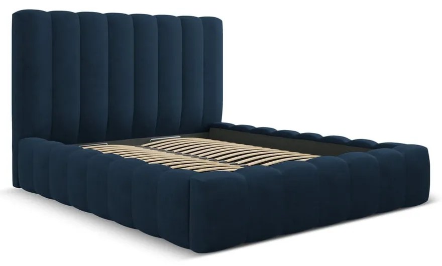 Letto matrimoniale imbottito blu scuro con spazio contenitivo e rete 200x200 cm Kelp - Micadoni Home