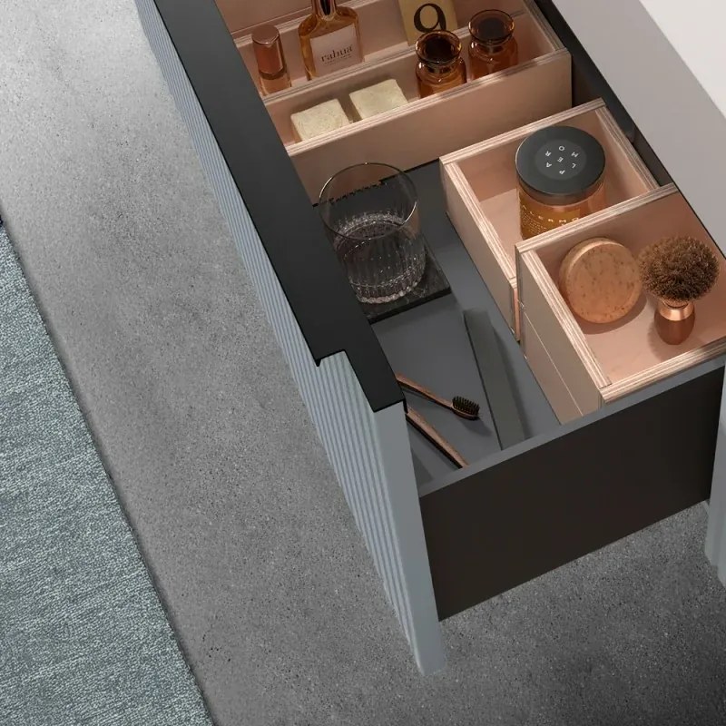 Mobile bagno sospeso 100 cm azzurro polvere cannettato con cassetto, specchio e lavabo Nara