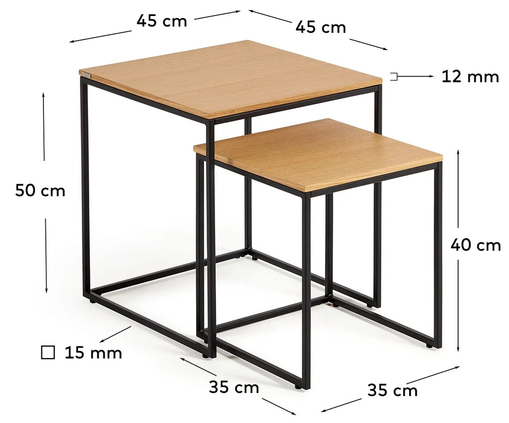 Kave Home - Set Yoana di 2 tavolini impiallacciati rovere e struttura in metallo verniciato nero