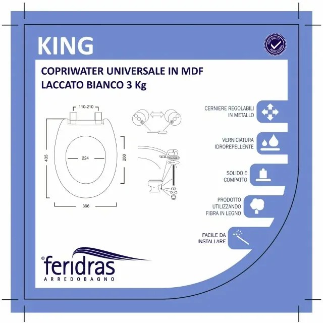 Copriwater universale in MDF bianco con cerniere regolabili in metallo