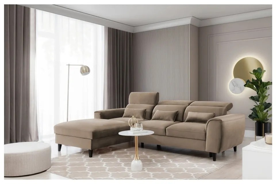 Divano angolare marrone chiaro allungabile/con contenitore (con penisola a sinistra/con chaise lounge) e rivestimento in velluto Foble – ELTAP