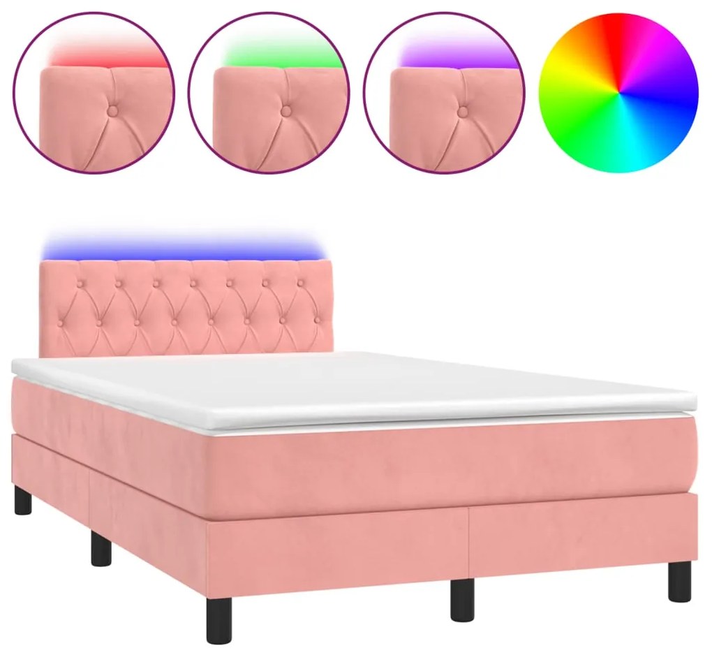 Letto a Molle con Materasso e LED Rosa 120x190 cm in Velluto