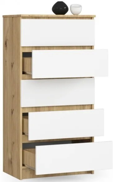 Cassettiera Moderna 60x40x120 Cm 5 Cassetti Bianco E Rovere Effetto Legno Artika