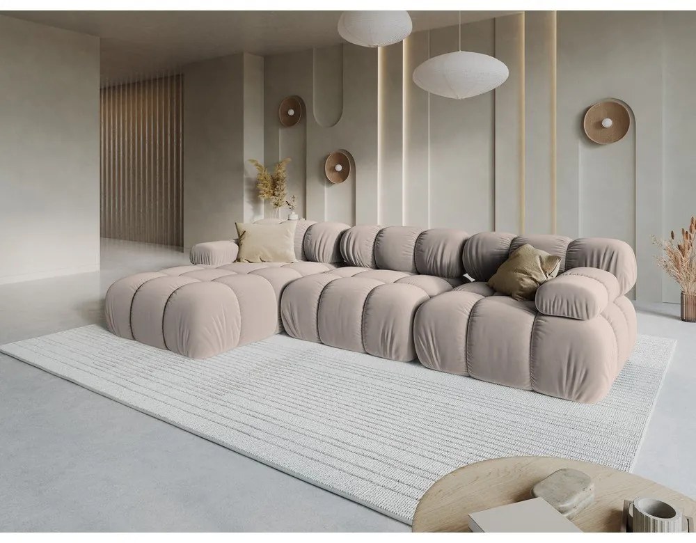 Divano angolare componibile in marrone chiaro (con penisola a sinistra) con rivestimento in velluto Bellis – Micadoni