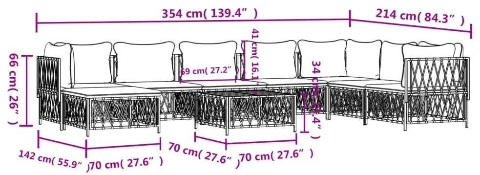 Set Salotto da Giardino 9 pz con Cuscini in Acciaio Bianco