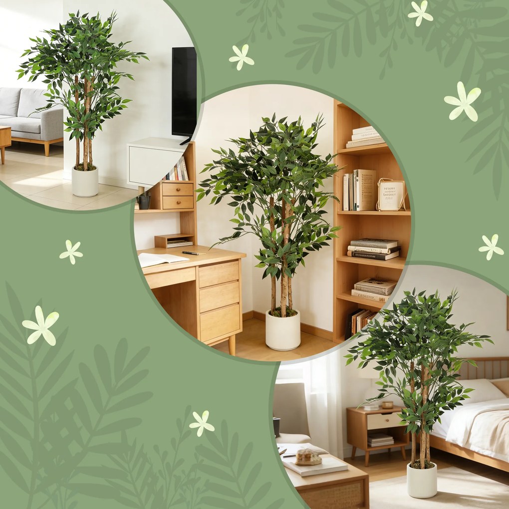 Pianta Artificiale di Baniano Alta 120 cm Verde in PEVA e Legno con Vaso Contenitore in PP e Cemento Bianco...