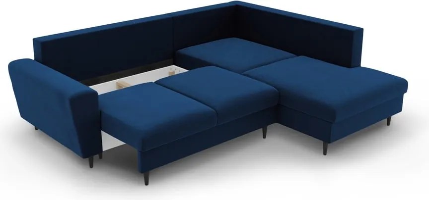 Divano angolare blu allungabile e con contenitore (con penisola a destra/a L) con rivestimento in velluto Kyoto – Cosmopolitan Design