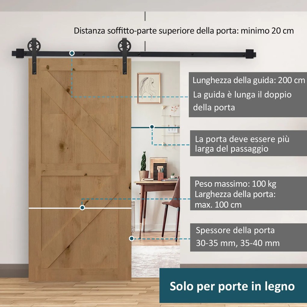 Binario per Porte Scorrevoli con Kit di Accessori in Acciaio Nero 100 cm sm 180mm...