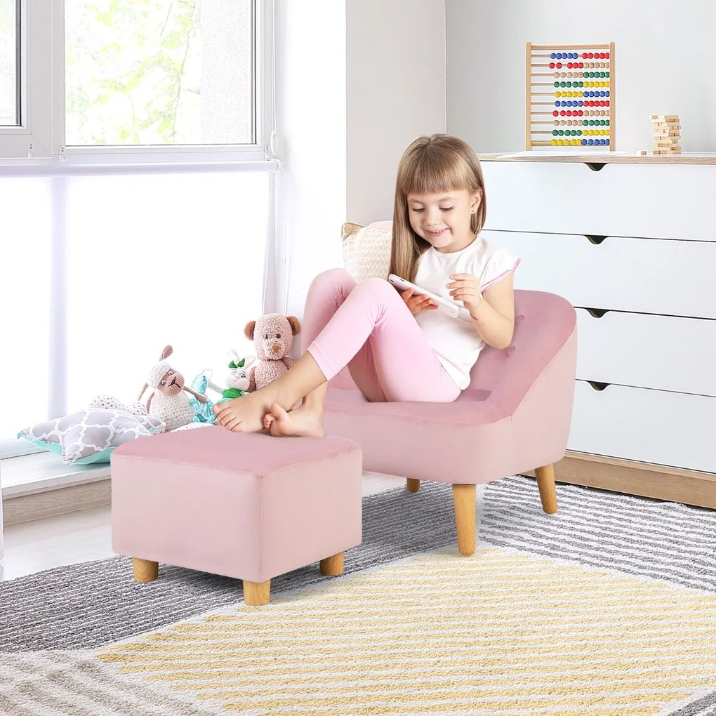 Costway Poltrona singola con sgabello abbinato per bambini in velluto olandese, Set di divano e pouf per la stanza Rosa