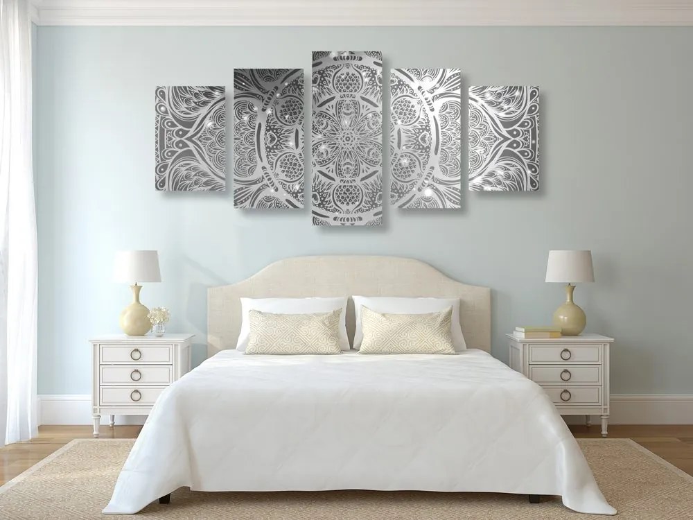 Quadri 5 pezzi – Mandala indiana con sfondo galattico in bianco e nero