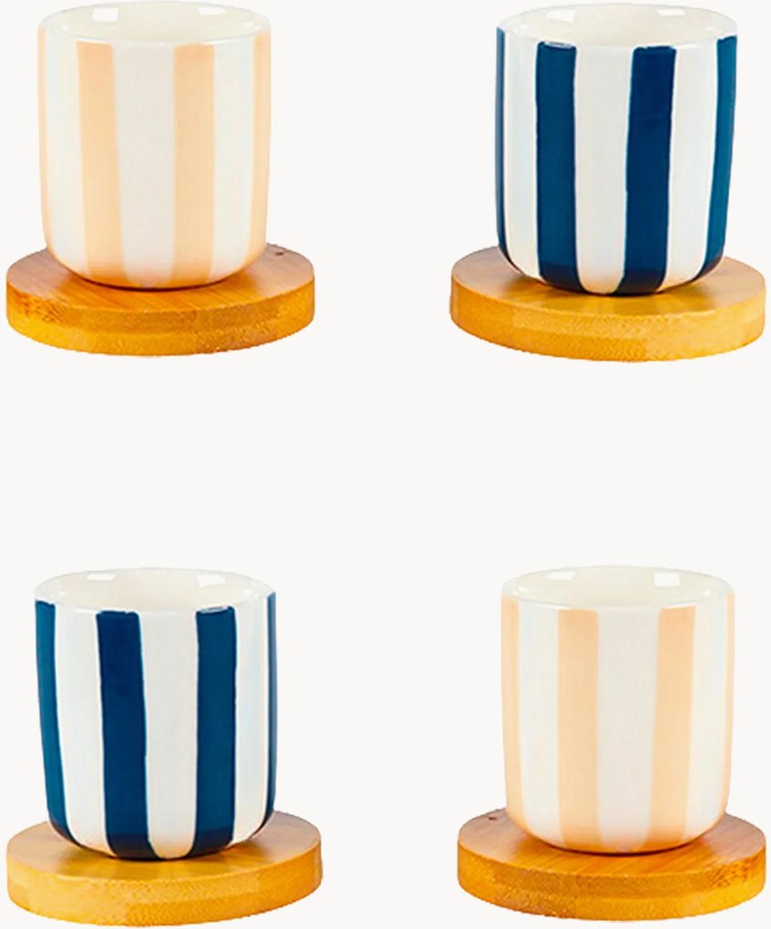 Set di 4 tazzine da caffè in ceramica a righe con piattini in legno Twine