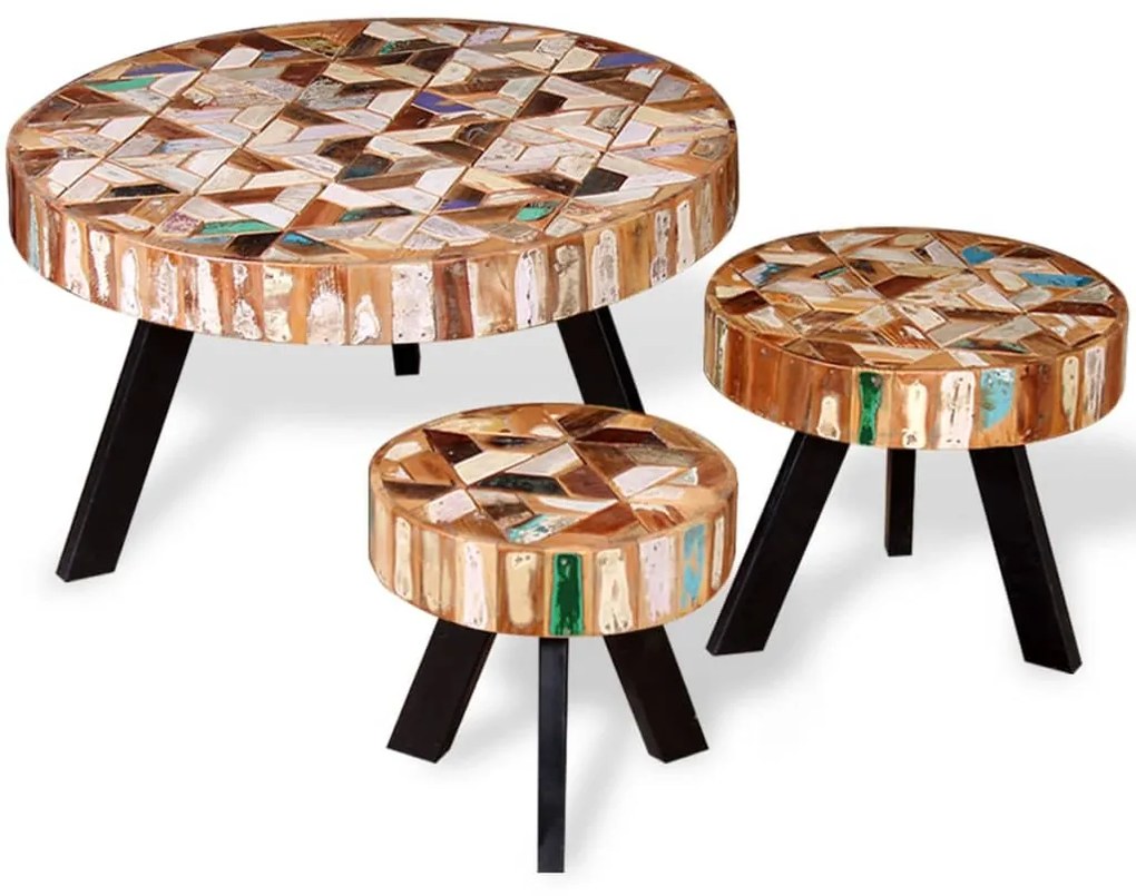 Set tavolino da caffè 3 pz in legno massello riciclato
