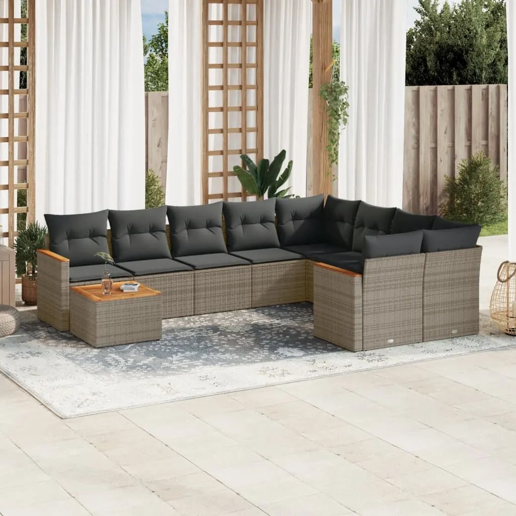 Set divano da giardino 10 pz con cuscini grigio in polyrattan