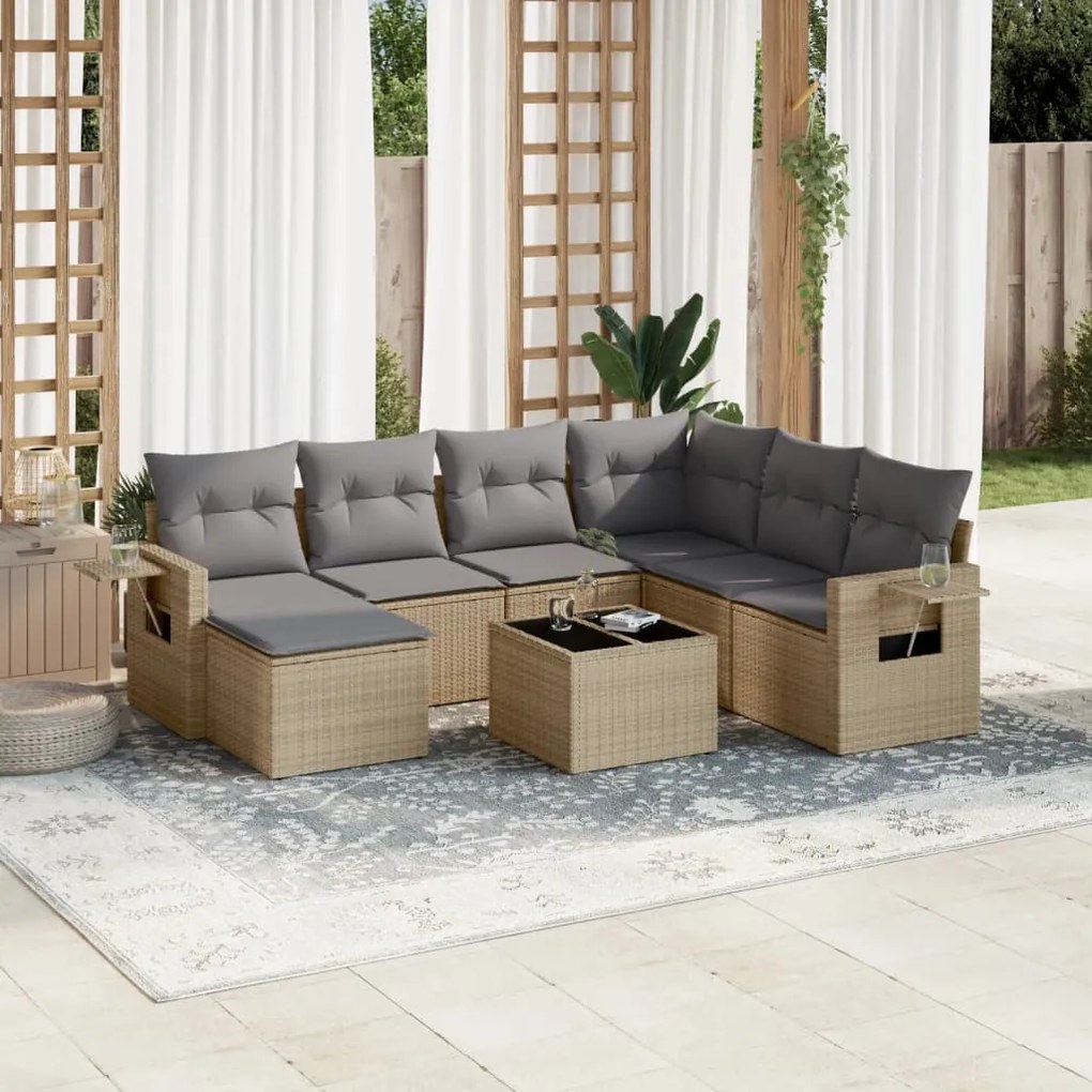 Set Divano da Giardino 8 pz con Cuscini Beige in Polyrattan