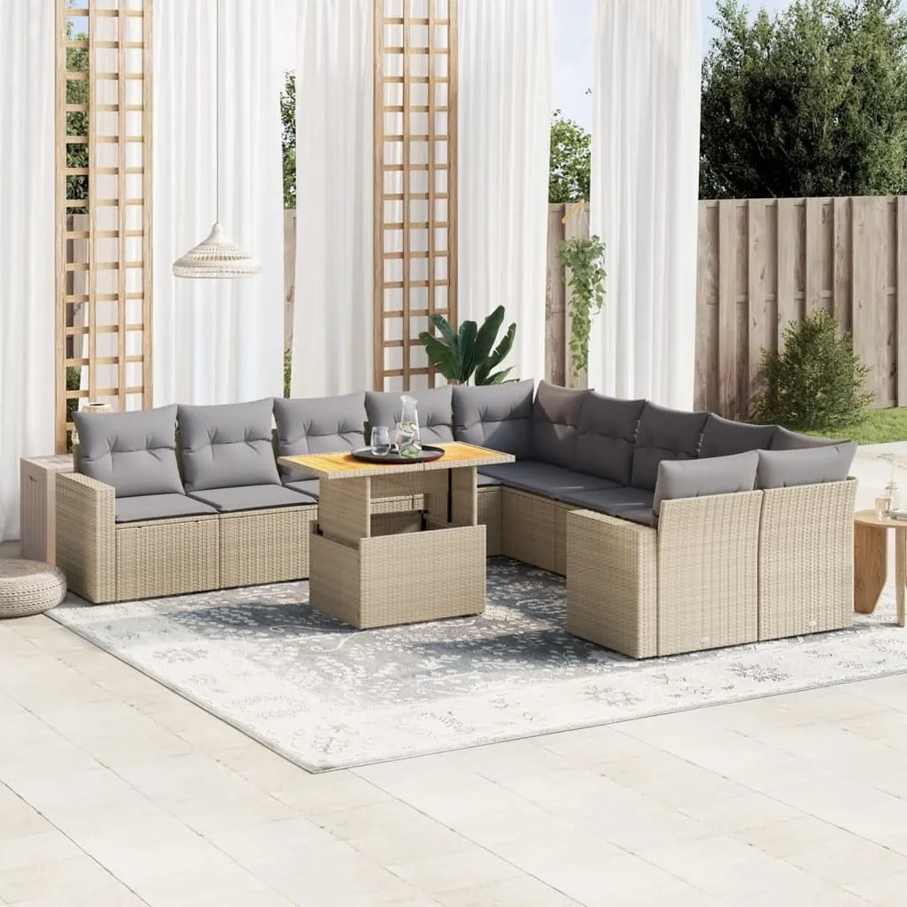 Set divani da giardino 11 pz con cuscini beige in polyrattan