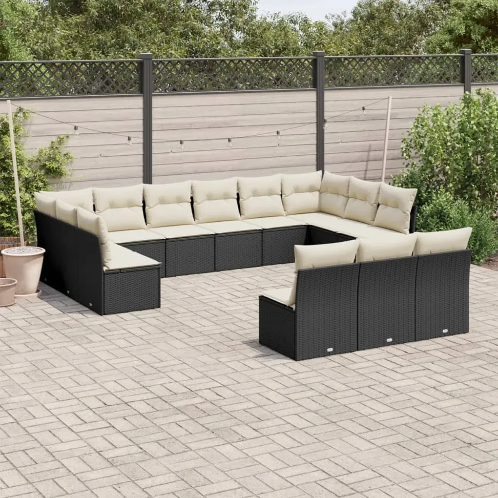 Set divani da giardino 13pz con cuscini nero in polyrattan