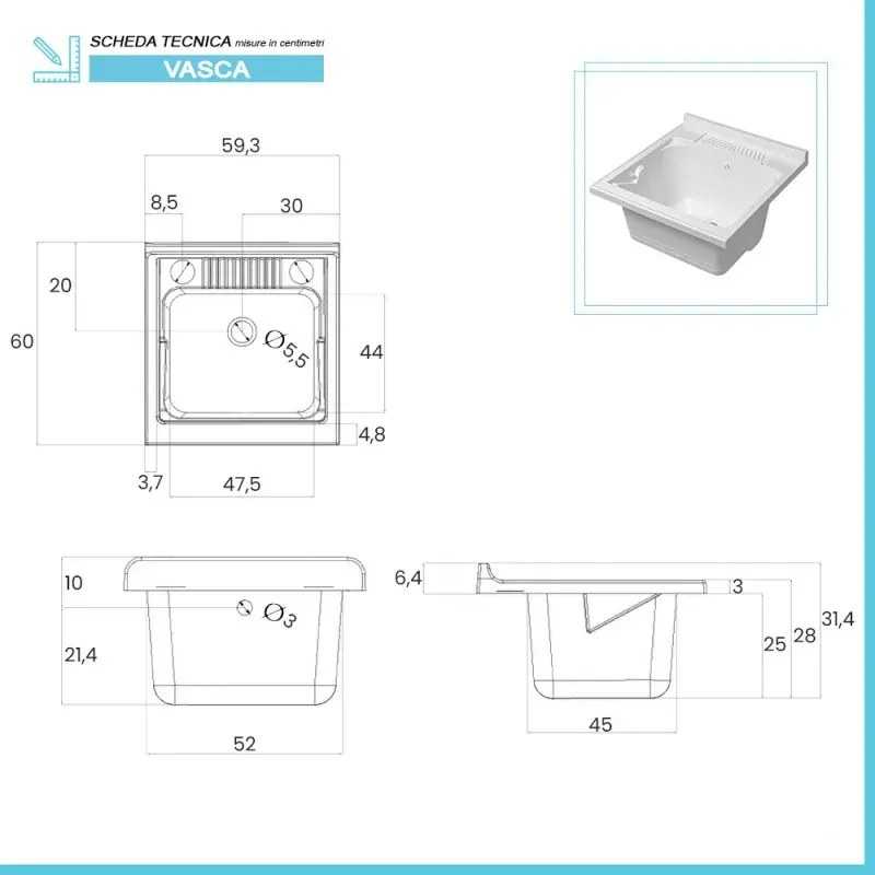 Mobile lavatoio 60x60 cm 2 ante rovere bianco con vasca in resina, asse lavapanni e kit di scarico