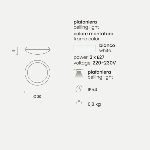 Lampada da parete per esterni grado IP65 luce E27- BASE Bianco D30 cm