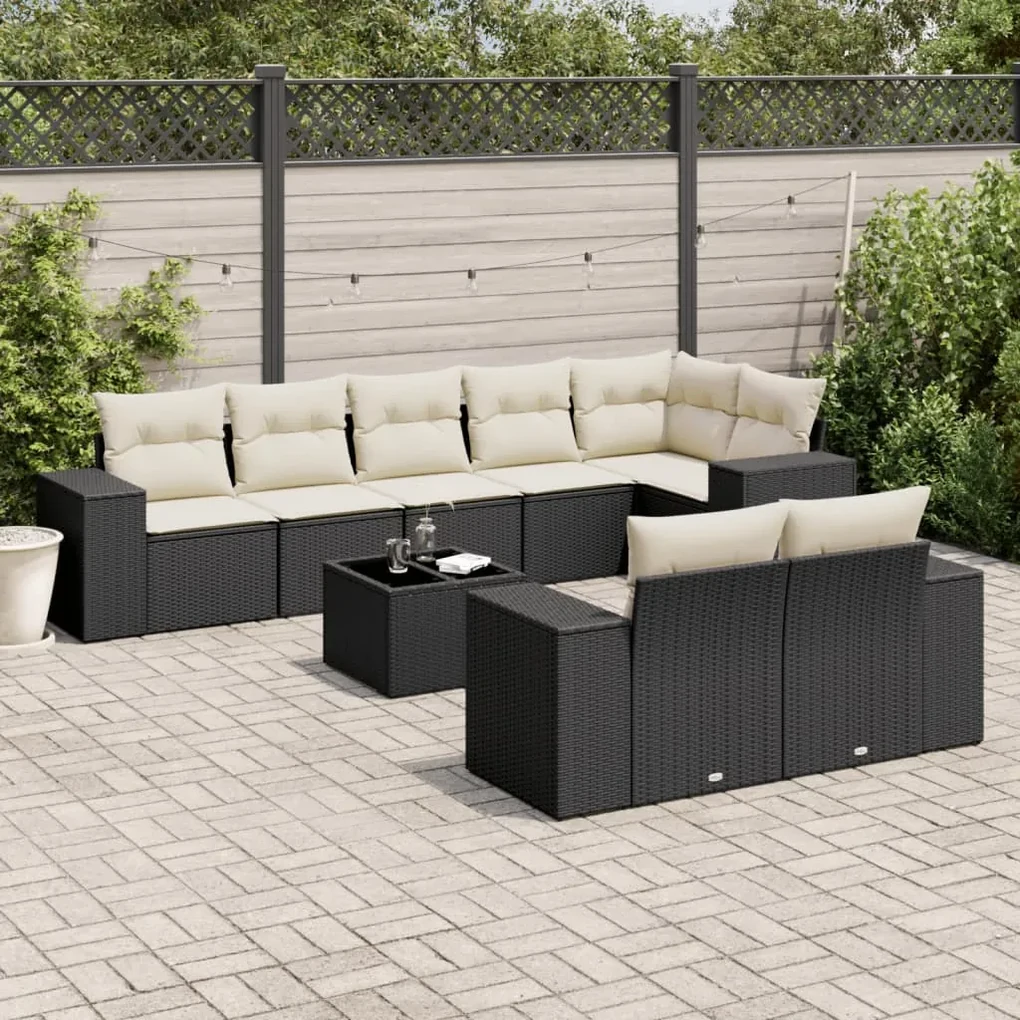 Set divani da giardino 9 pz con cuscini nero in polyrattan
