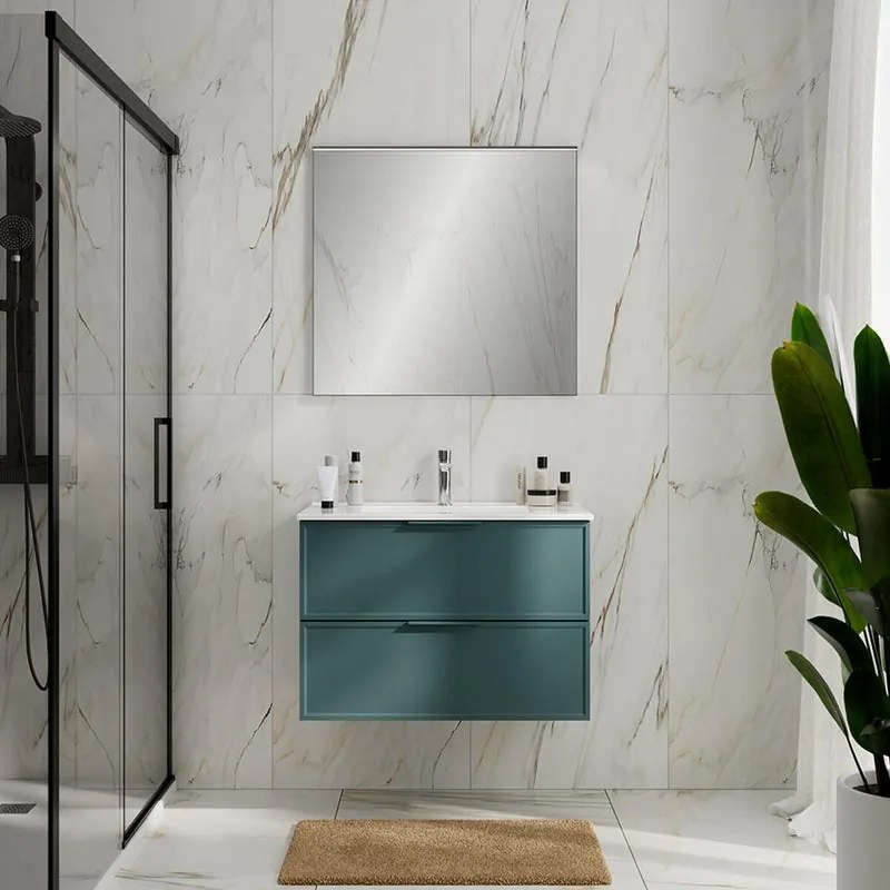 Mobile Quadra L80 H55 P45 mirto opaco laccato 2 cassetti a chiusura ammortizzata e lavabo in ceramica vasca centrale