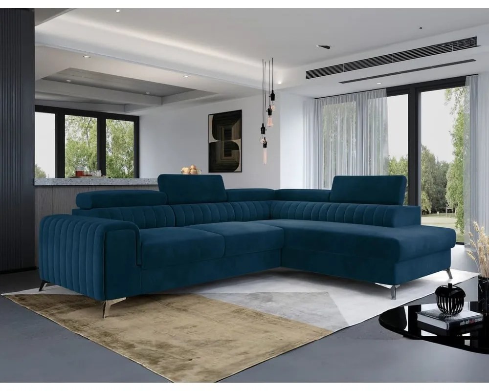 Divano angolare blu allungabile/con contenitore (con penisola a destra/a L) e rivestimento in velluto Laurence – ELTAP