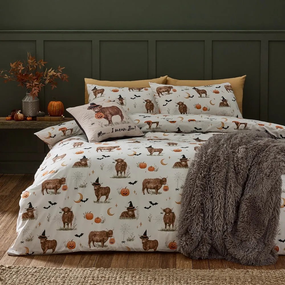 Set copripiumino e federa greige per letto singolo 135x200 cm Halloween Highland Cow – Catherine Lansfield
