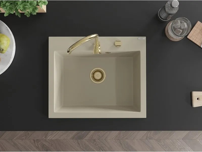 Mexen Elix lavello in granito a 1 vasca 600 x 500 mm, beige, sifone dorato - 6525601005-69-G